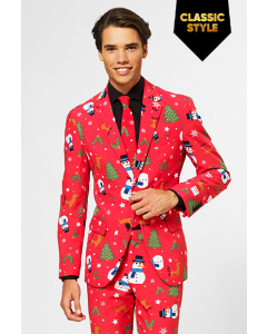 Red Christmas themed men's suit with cartoon prints worn by man