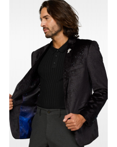 Black jacket with constellation pattern worn by a man showing galaxy inside of the jacket