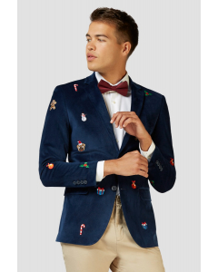 Dark blue casual blazer with embroidered Christmas icons