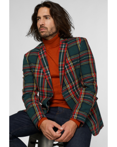 Red and green tartan casual blazer worn by man sitting on stool