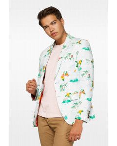 White casual blazer with Hawaiian icon print worn by man showing red palm tree inner lining
