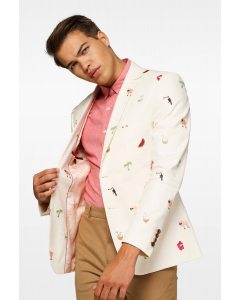 Off-white blazer with tropical embroidery worn by man showing inside of jacket