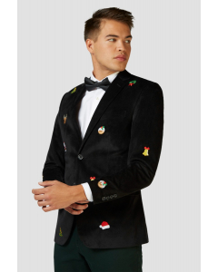 Man wearing black Christmas blazer with Christmas embroidery