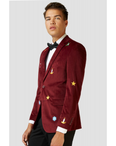 Burgundy velvet blazer with embroidered Christmas icons worn by man