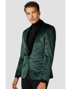 Man wearing green Dinner jacket Christmas blazer with velvet feel