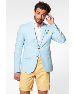 Blue casual blazer with parrot embroidery worn by man