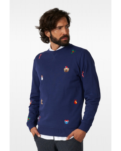 Man wearing blue Christmas sweater with Christmas themed embroidery