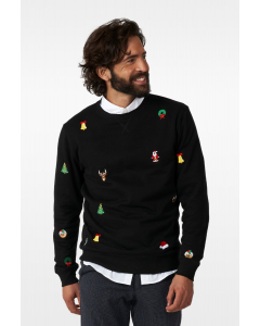 Man wearing black Christmas sweater with Christmas themed embroidery