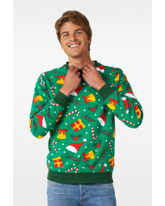 Man wearing green Ugly Christmas sweater with Christmas themed print