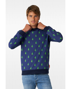 Man wearing blue Ugly Christmas sweater with Christmas tree print