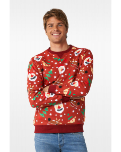 Man wearing red Ugly Christmas sweater with Christmas themed print