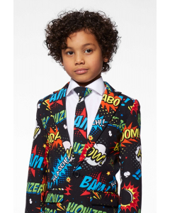 Comic book phrase suit for boys worn by a boy