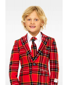 Red plaid suit for boys worn by boy