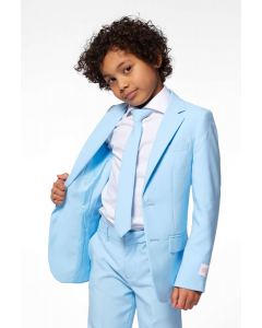 Solid colored light blue suit worn by boy