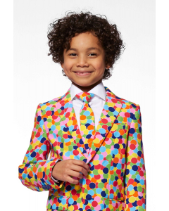 Multi-colored confetti print boys suit worn by boy