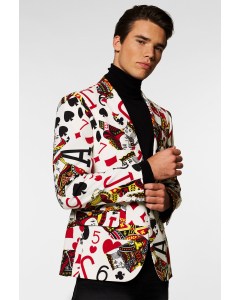 Playing cards print casual blazer King Of Clubs worn by men zoomed in