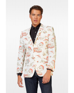 Man wearing off-white and red Chrismas blazer and black shirt