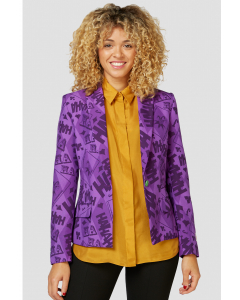Purple the Joker print blazer worn by a woman zoomed in