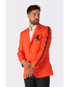 Man wearing Orange blazer with Dutch lion embroidery