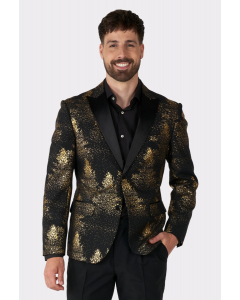 Man wearing Christmas blazer with Chrismas tree foil print