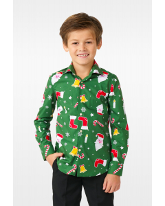 Funny green Christmas dress shirt Santaboss worn by a boy zoomed in