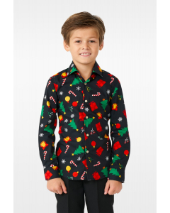 Funny black Christmas icons dress shirt worn by a boy zoomed in