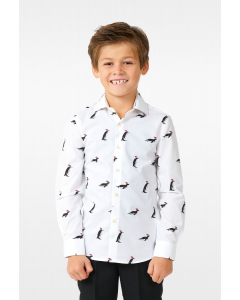 White Christmas dress shirt with Christmas penguins worn by a boy zoomed in