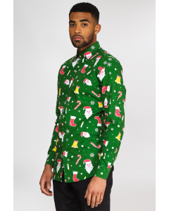 Green Christmas themed shirt with cartoon icons worn by man