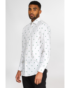 White Christmas shirt with green Christmas trees worn by man