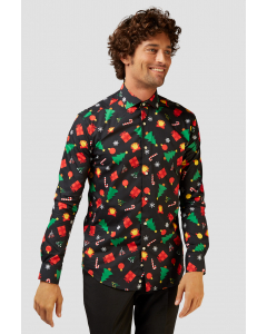 Black funny Christmas Icons Black dress shirt worn by man zoomed in