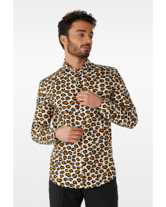 Man wearing dress shirt with jaguar print