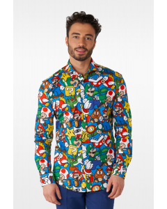 Man wearing shirt with Nintendo Super Mario print