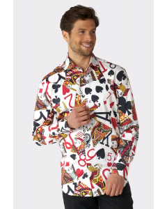 Man wearing King of Clubs, playing card print men's shirt