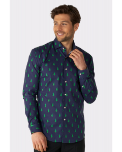 Man wearing blue Christmas shirt with Christmas tree print