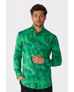 Man wearing green men's shirt with Joker print
