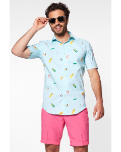 Man wearing blue Summer shirt with pool icons