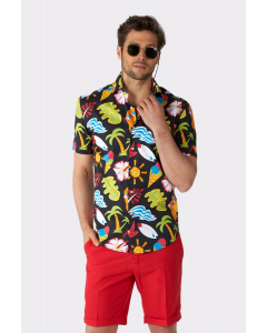 Man with sunglasses wearing a black short-sleeved shirt with Hawaiian print and red shorts