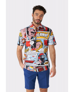 Man wearing a short-sleeved shirt with comic book print and blue shorts.