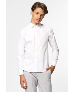 Long sleeve white shirt for boys worn by boy with hand in pocket