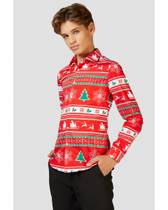 Funny red Christmas dress shirt Winter Wonderland worn by a teen boy zoomed in