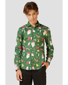 Funny green Christmas dress shirt Santaboss worn by a teen boy zoomed in