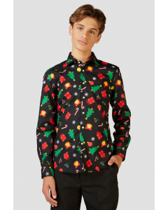 Funny black Christmas icons dress shirt worn by a teen boy zoomed in