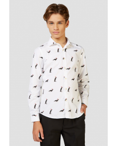 White Christmas dress shirt with Christmas penguins worn by a teen boy zoomed in
