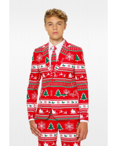 Red Christmas suit for teen boys with Christmas patterns