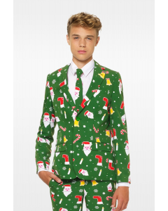 Green Christmas suit for teen boys with Christmas cartoon icons worn by teen
