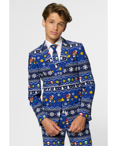 Christmas suit for teen boys with Nintendo Super Mario print worn by boy
