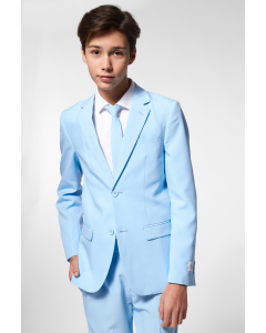 Solid colored light blue teen boys suit worn by teen boy