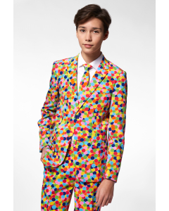 Multi colored confetti print teen boys suit worn by teen boy
