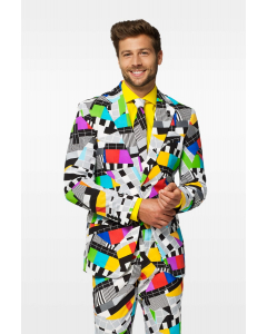 Bright colored retro test screen Testival men's suit worn by man close up