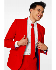 Red men's suit worn by man